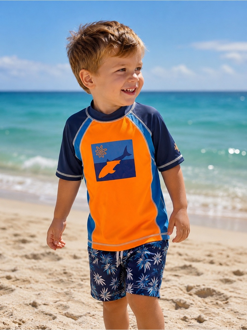 UV Skinz Boys 3T Shark UPF 50+ Short Sleeve Rash Guard Swim Shirt Orange Blue